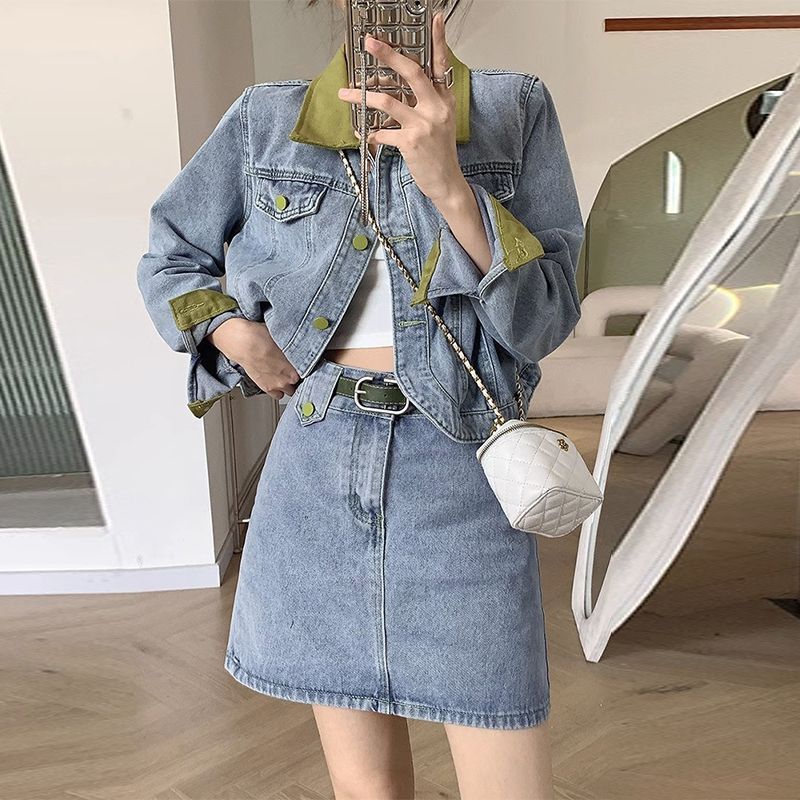 Street Fashion Jacket - Mantel Denim Rok Mini Dua Potong